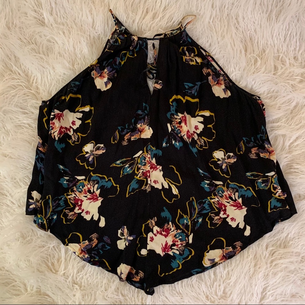 Lush black floral trapeze high neck top